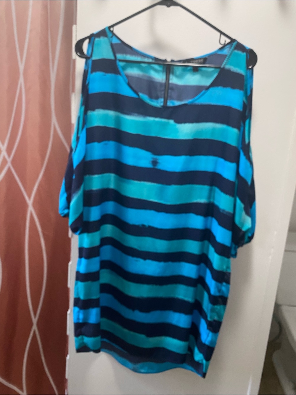 Express Teal and Navy Striped Cold-Shoulder Tunic